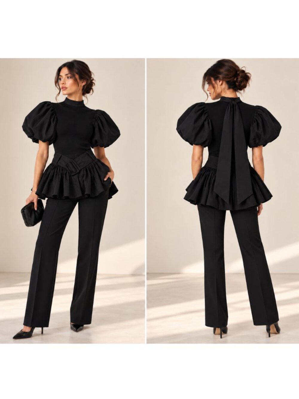 Rokh Belted Puff Sleeve Peplum Top Black FR 36 US 4 NWT